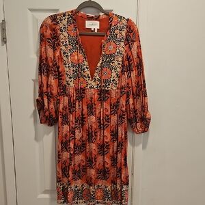 ba&sh Orange Floral Deep-V Long Sleeve Midi Dress.